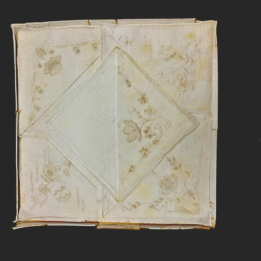 Vintage Boxed Linen Handkerchief Set 5 Embroidered Whitework Floral Hankies